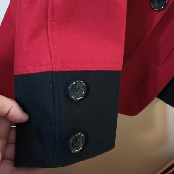 VGUC Vintage Wool Blend Pea Coat in Bright Red & Navy Blue by Nautica (Size: XL) - Picture 6 of 8